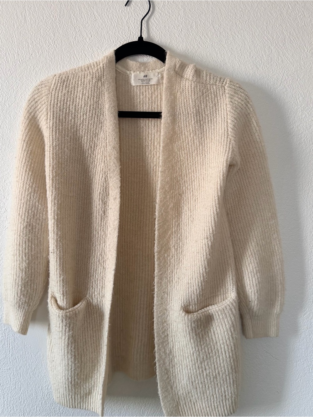 H&M Cream Open-Front Ribbed Knit Cardigan with Pockets